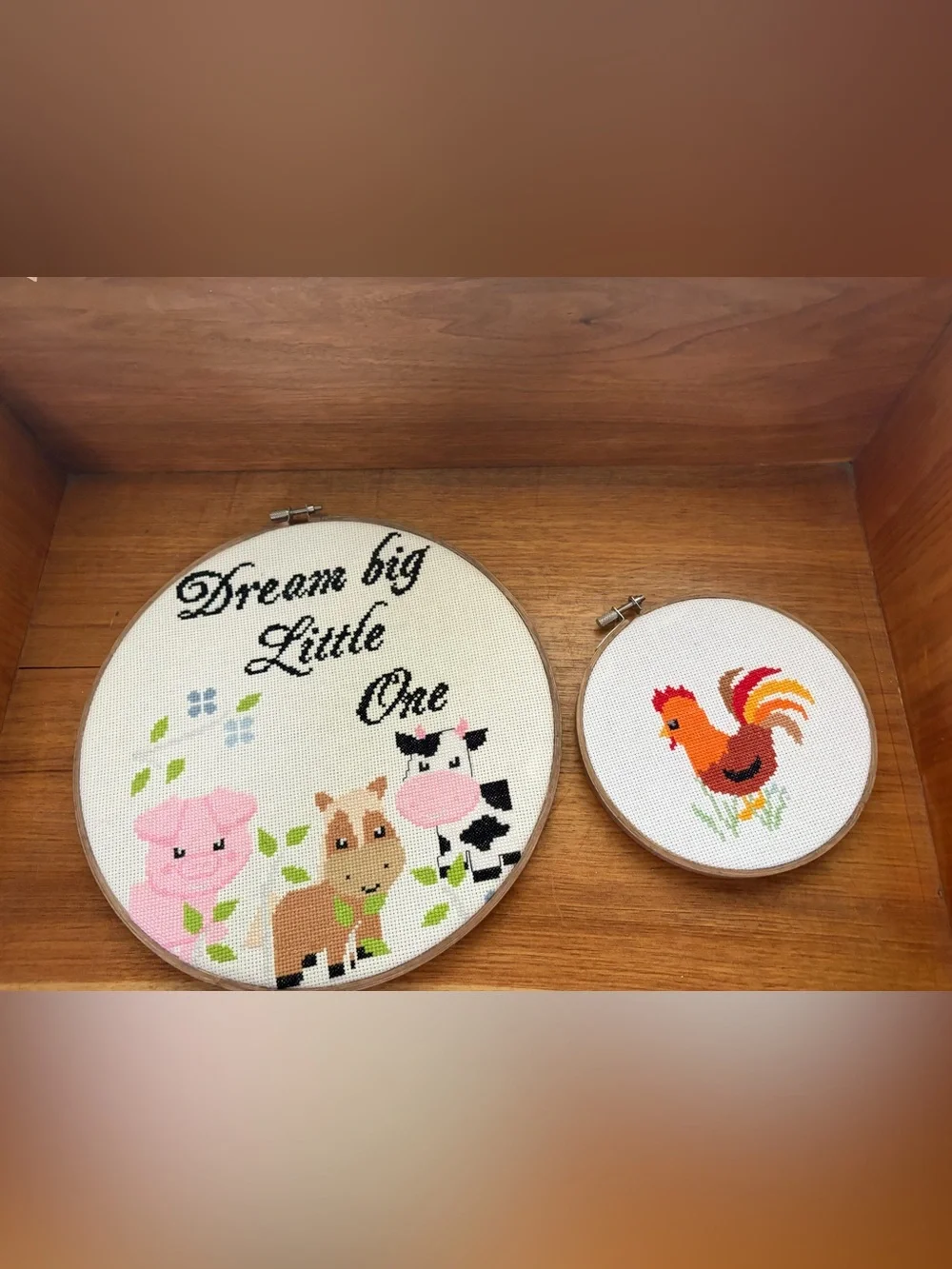 Handmade Farm animals Nursery Embroidered Hoop Wall Art set of 2